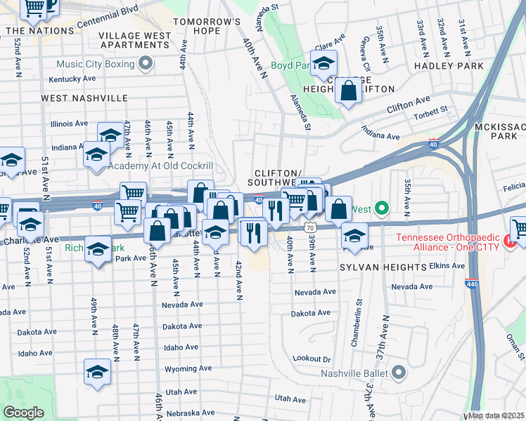 map of restaurants, bars, coffee shops, grocery stores, and more near 405 40th Avenue North in Nashville