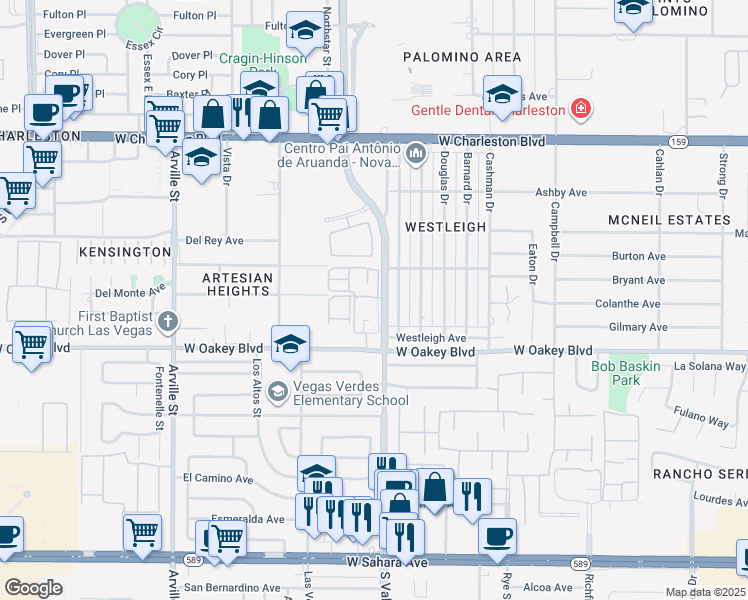 map of restaurants, bars, coffee shops, grocery stores, and more near 1600 South Valley View Boulevard in Las Vegas