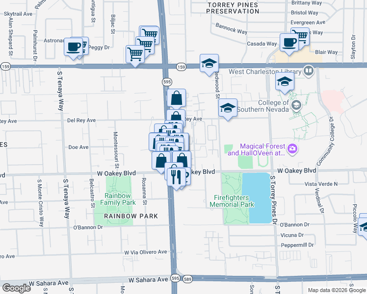 map of restaurants, bars, coffee shops, grocery stores, and more near 6811 San Ricardo in Las Vegas