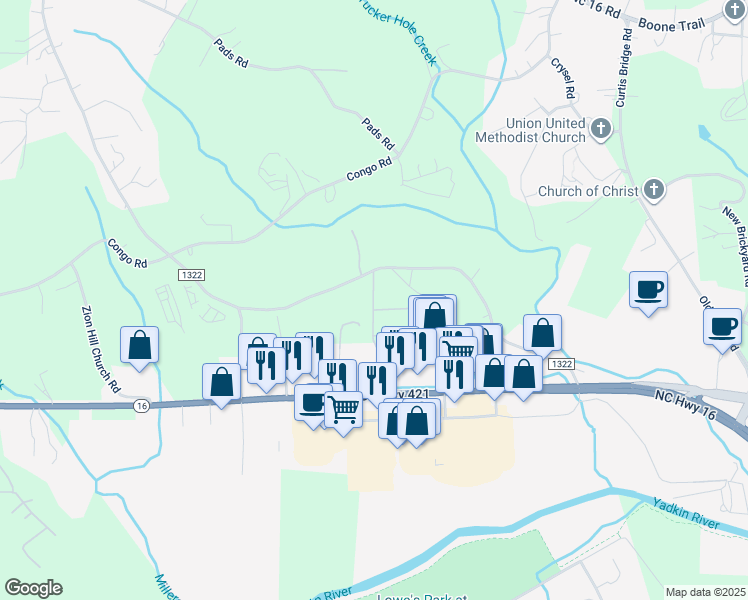 map of restaurants, bars, coffee shops, grocery stores, and more near 189 Abbington Court in Wilkesboro