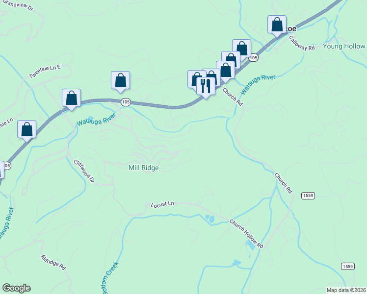 map of restaurants, bars, coffee shops, grocery stores, and more near 250 Old Chestnut Road in Banner Elk