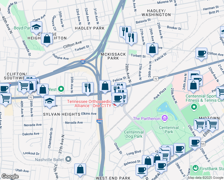 map of restaurants, bars, coffee shops, grocery stores, and more near 3025 Charlotte Avenue in Nashville