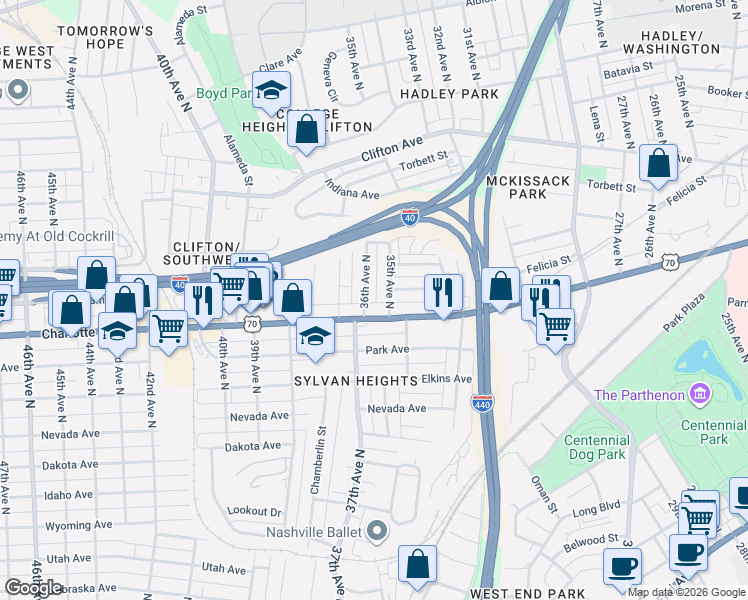map of restaurants, bars, coffee shops, grocery stores, and more near in Nashville