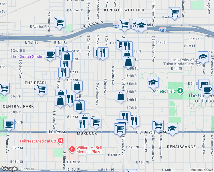 map of restaurants, bars, coffee shops, grocery stores, and more near 532 South Zunis Avenue in Tulsa