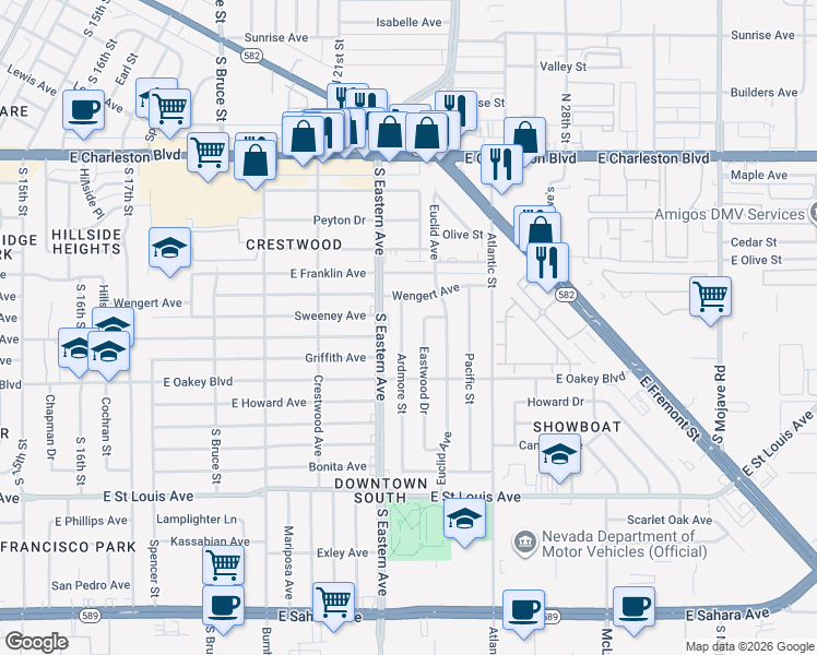 map of restaurants, bars, coffee shops, grocery stores, and more near 1409 Ardmore Street in Las Vegas
