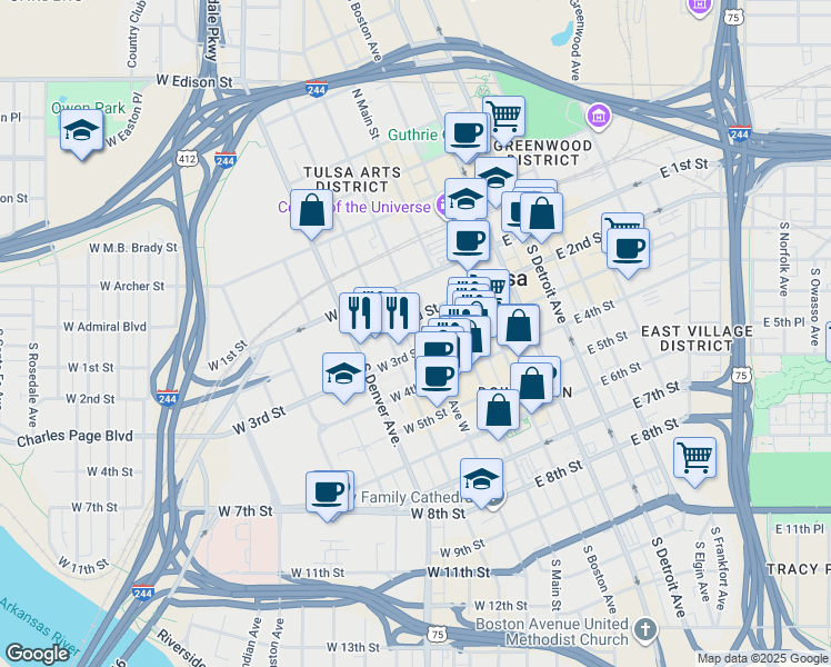 map of restaurants, bars, coffee shops, grocery stores, and more near 224 South Boulder Avenue West in Tulsa
