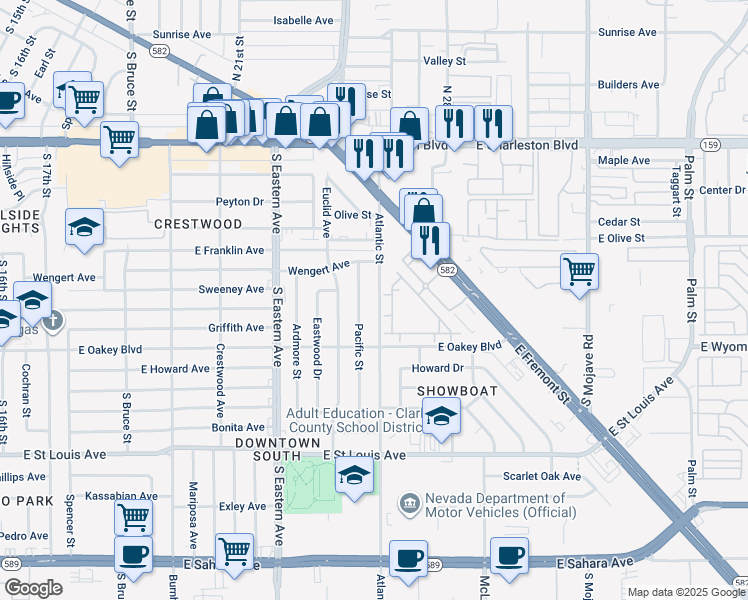 map of restaurants, bars, coffee shops, grocery stores, and more near 1410 Atlantic Street in Las Vegas