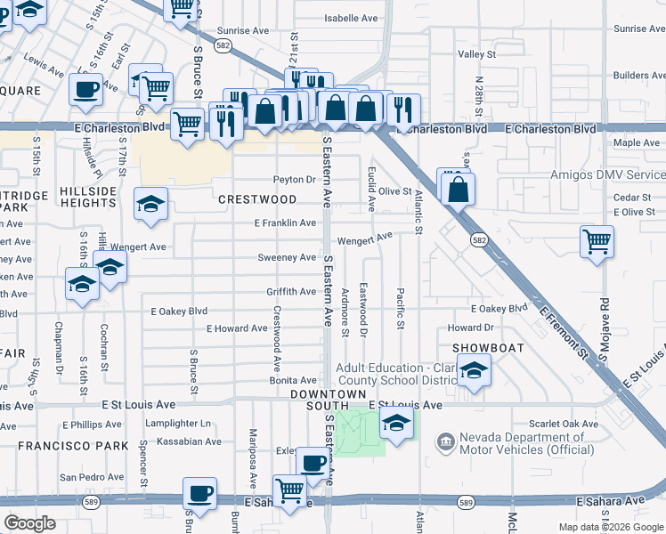 map of restaurants, bars, coffee shops, grocery stores, and more near 1414 South Eastern Avenue in Las Vegas