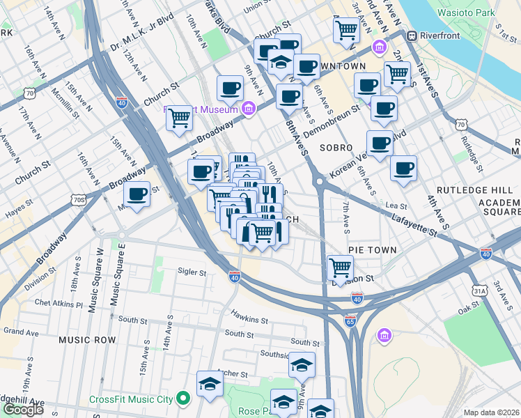 map of restaurants, bars, coffee shops, grocery stores, and more near 320 11th Avenue South in Nashville