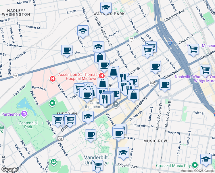 map of restaurants, bars, coffee shops, grocery stores, and more near in Nashville
