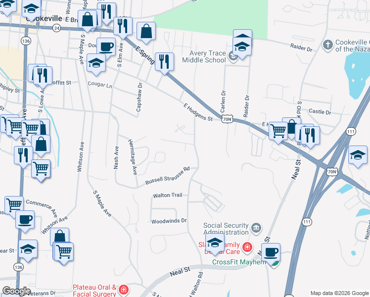 map of restaurants, bars, coffee shops, grocery stores, and more near 975 Llana Lane in Cookeville