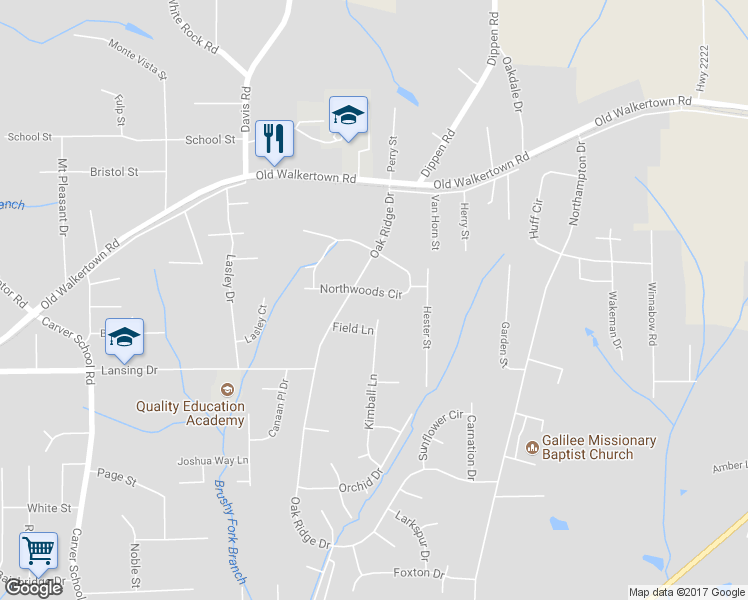 map of restaurants, bars, coffee shops, grocery stores, and more near 222 Northwoods Circle in Winston-Salem
