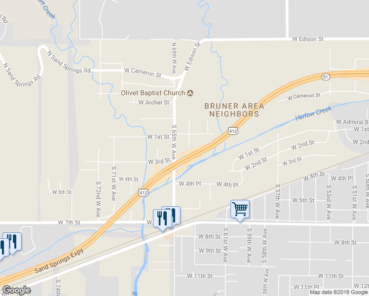 map of restaurants, bars, coffee shops, grocery stores, and more near 126 South 64th West Avenue in Tulsa