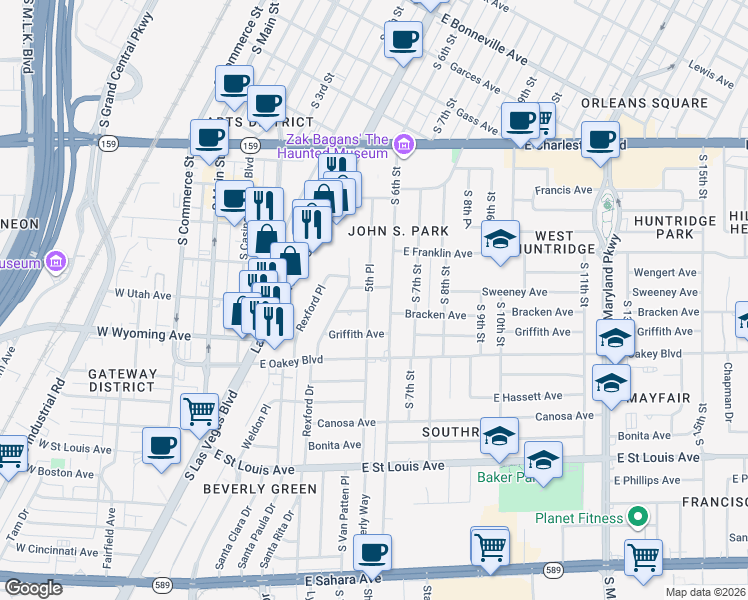 map of restaurants, bars, coffee shops, grocery stores, and more near 1403 5th Place in Las Vegas