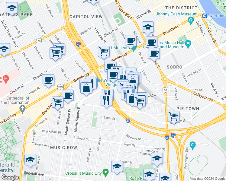 map of restaurants, bars, coffee shops, grocery stores, and more near 1214 Laurel Street in Nashville