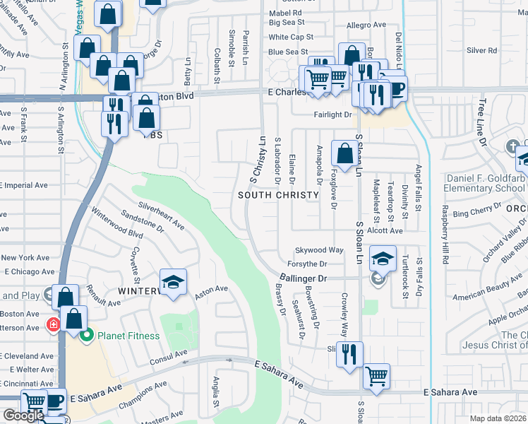 map of restaurants, bars, coffee shops, grocery stores, and more near 5534 Maidstone Circle in Las Vegas