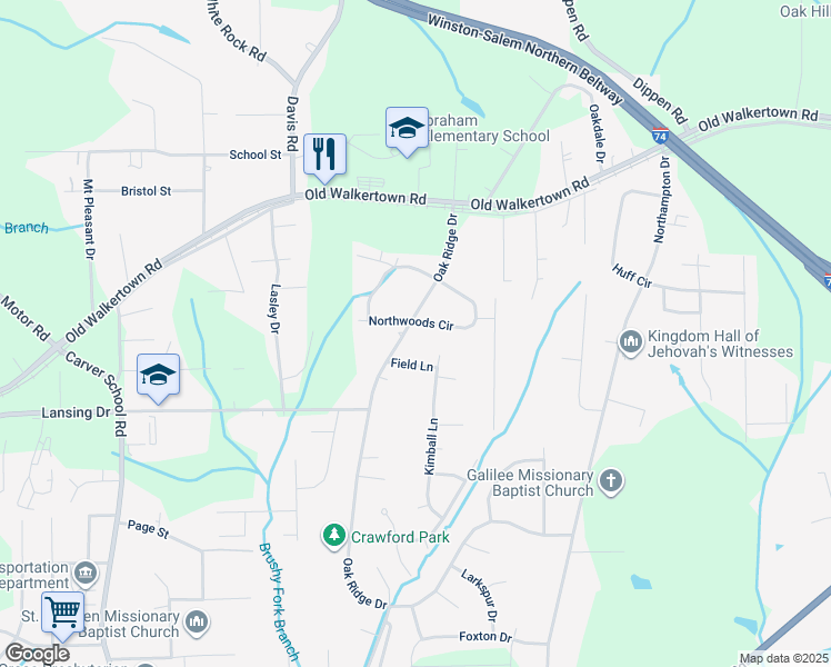 map of restaurants, bars, coffee shops, grocery stores, and more near 4585 Oak Ridge Drive in Winston-Salem