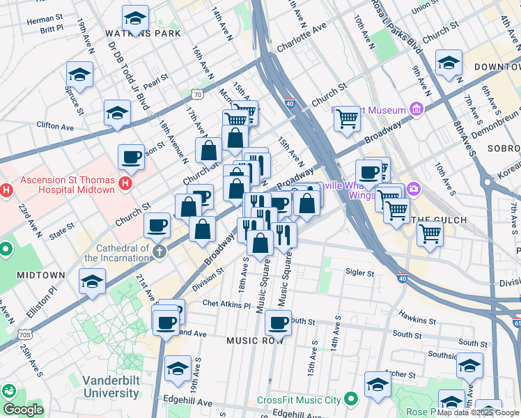 map of restaurants, bars, coffee shops, grocery stores, and more near 1609 McGavock Street in Nashville