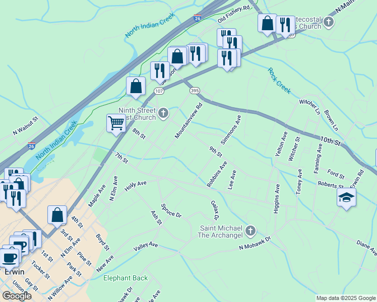 map of restaurants, bars, coffee shops, grocery stores, and more near 202 Old Farm Road in Erwin