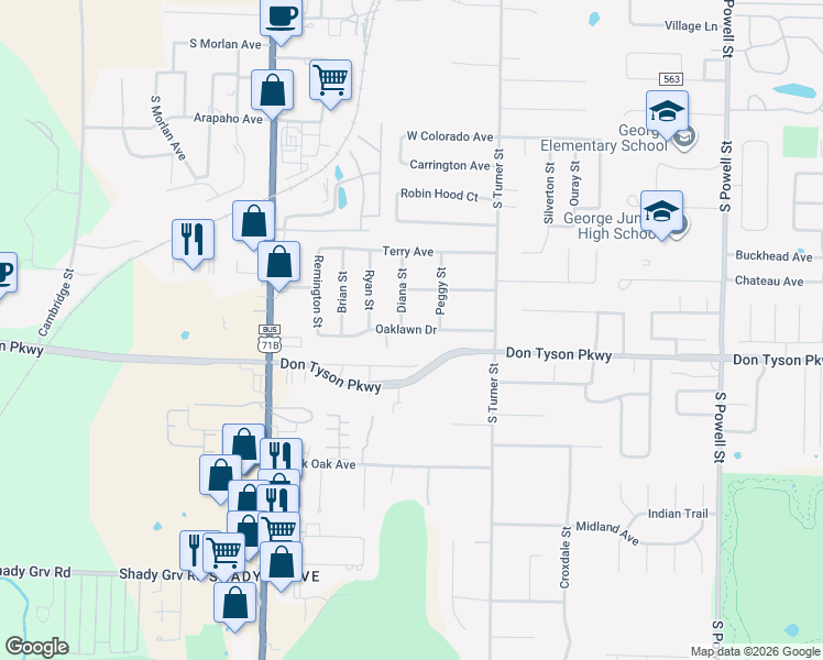 map of restaurants, bars, coffee shops, grocery stores, and more near Oaklawn Drive in Springdale