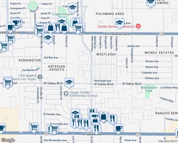 map of restaurants, bars, coffee shops, grocery stores, and more near 1600 South Valley View Boulevard in Las Vegas