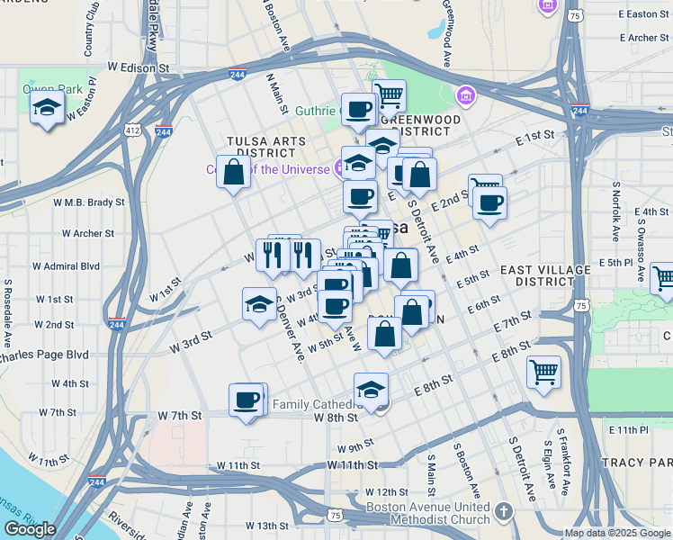 map of restaurants, bars, coffee shops, grocery stores, and more near 1 West 3rd Street in Tulsa