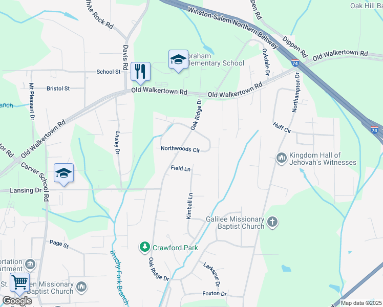 map of restaurants, bars, coffee shops, grocery stores, and more near 222 Northwoods Circle in Winston-Salem