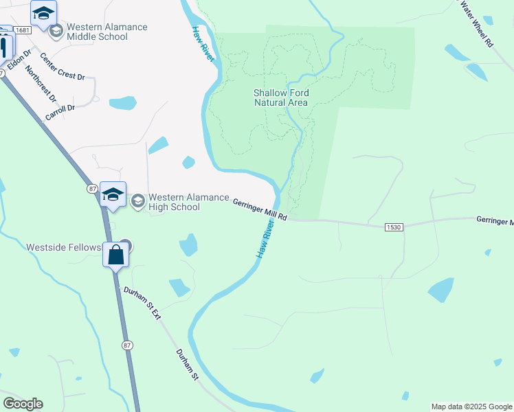 map of restaurants, bars, coffee shops, grocery stores, and more near 2019 Gerringer Mill Road in Elon
