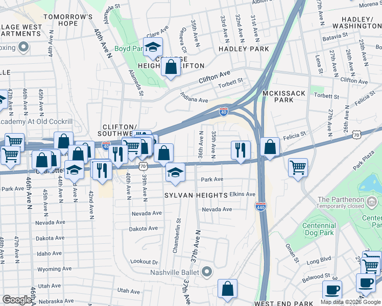 map of restaurants, bars, coffee shops, grocery stores, and more near 3708 Charlotte Avenue in Nashville