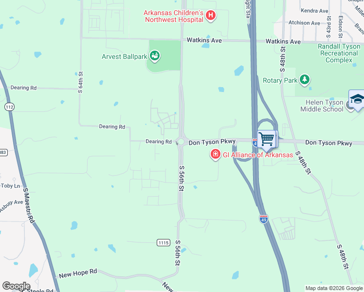 map of restaurants, bars, coffee shops, grocery stores, and more near 3627 South 56th Street in Springdale
