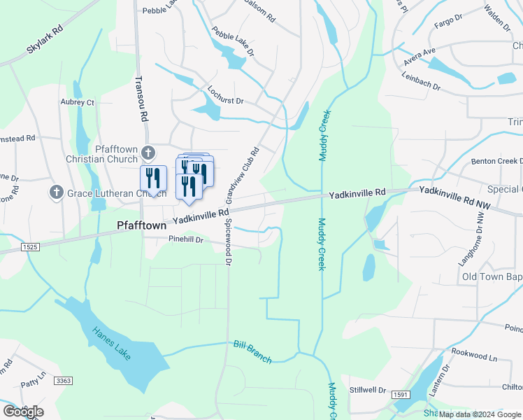 map of restaurants, bars, coffee shops, grocery stores, and more near 4496 Alexander Road in Winston-Salem