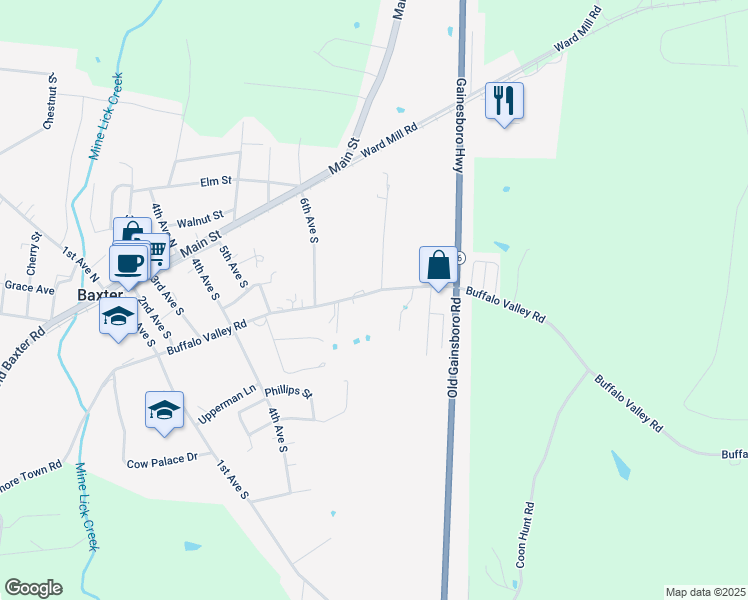 map of restaurants, bars, coffee shops, grocery stores, and more near 733a Buffalo Valley Road in Baxter