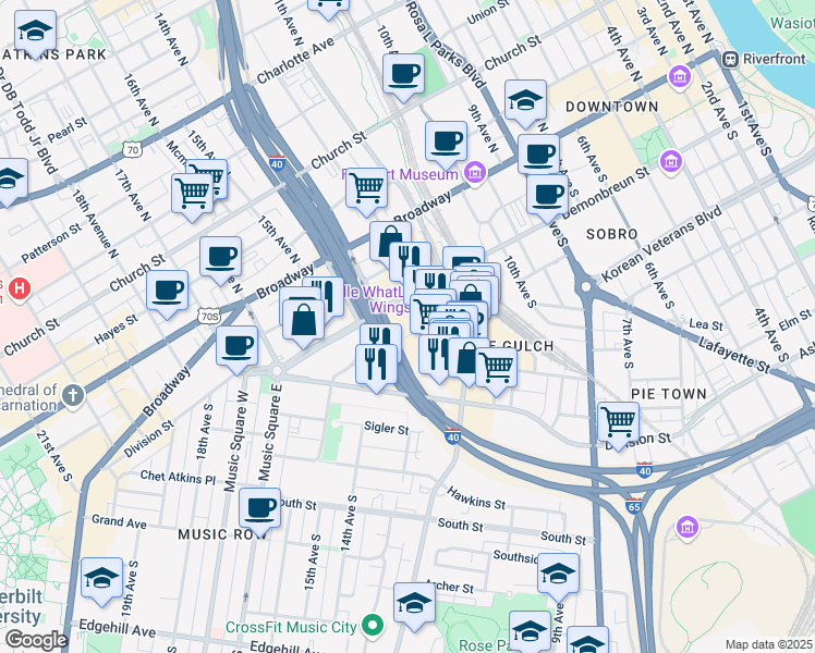 map of restaurants, bars, coffee shops, grocery stores, and more near 1214 Laurel Street in Nashville