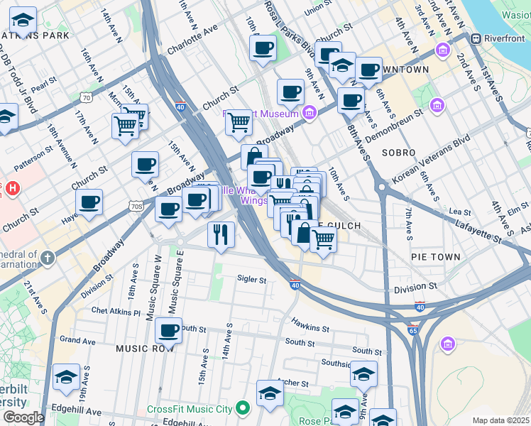 map of restaurants, bars, coffee shops, grocery stores, and more near 1214 Laurel Street in Nashville