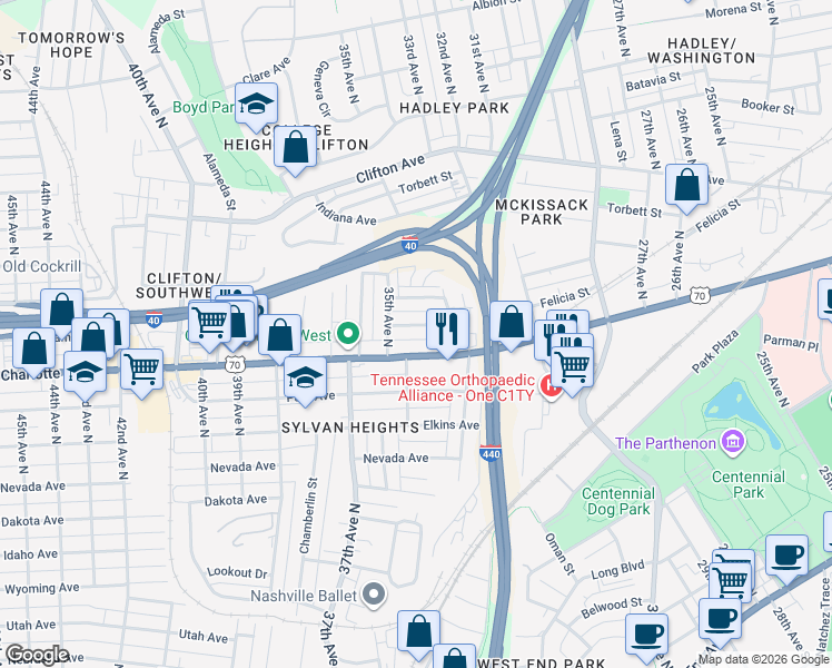 map of restaurants, bars, coffee shops, grocery stores, and more near 3320 U.S. 70 in Nashville