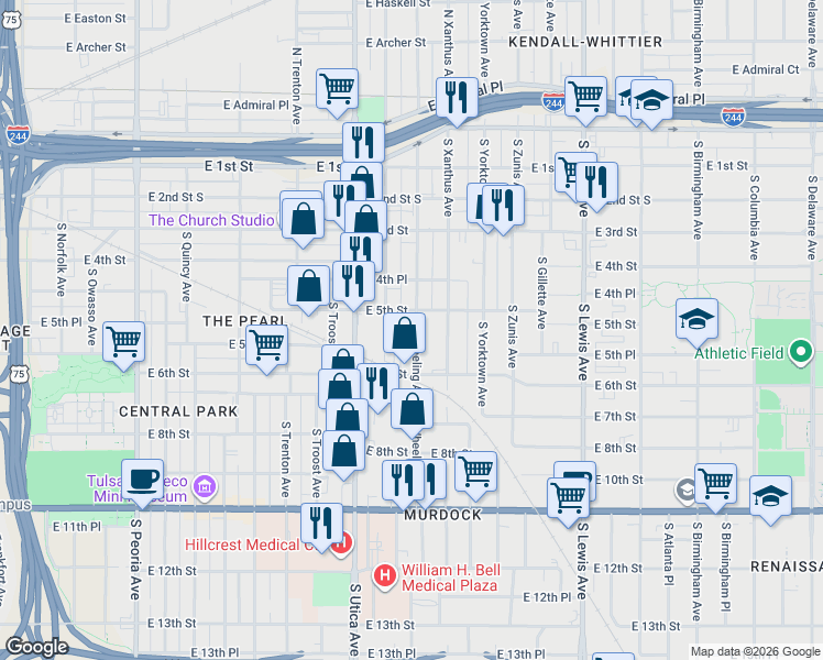 map of restaurants, bars, coffee shops, grocery stores, and more near 533 South Victor Avenue in Tulsa