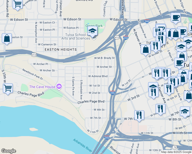 map of restaurants, bars, coffee shops, grocery stores, and more near 14 South Olympia Avenue in Tulsa