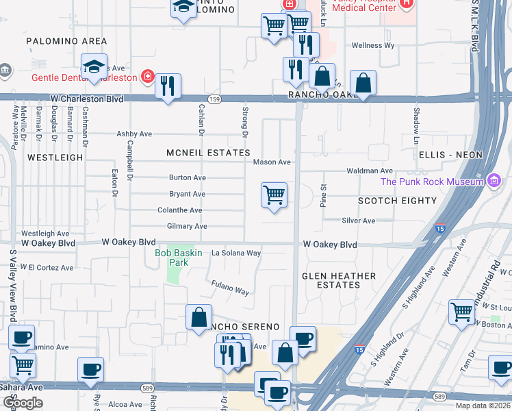 map of restaurants, bars, coffee shops, grocery stores, and more near 2505 Laurie Drive in Las Vegas