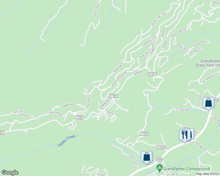 map of restaurants, bars, coffee shops, grocery stores, and more near 475 Wildcat Rocks Road in Seven Devils