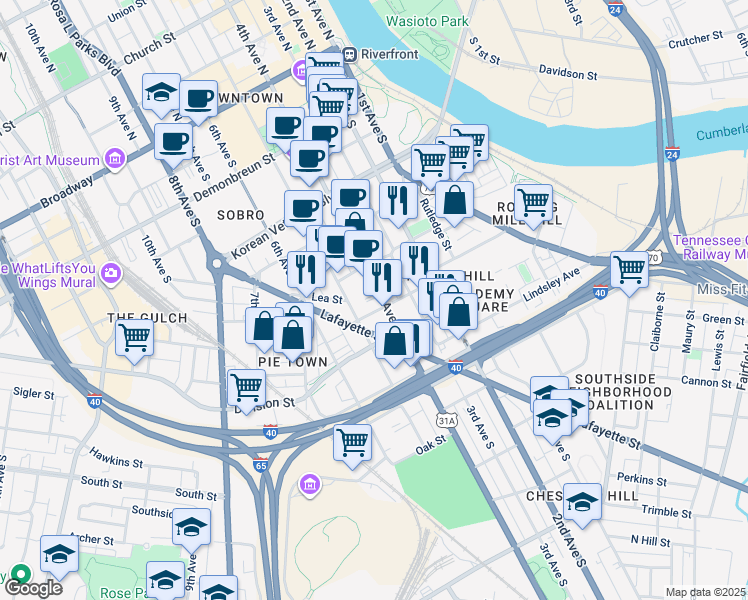 map of restaurants, bars, coffee shops, grocery stores, and more near 705 4th Avenue South in Nashville