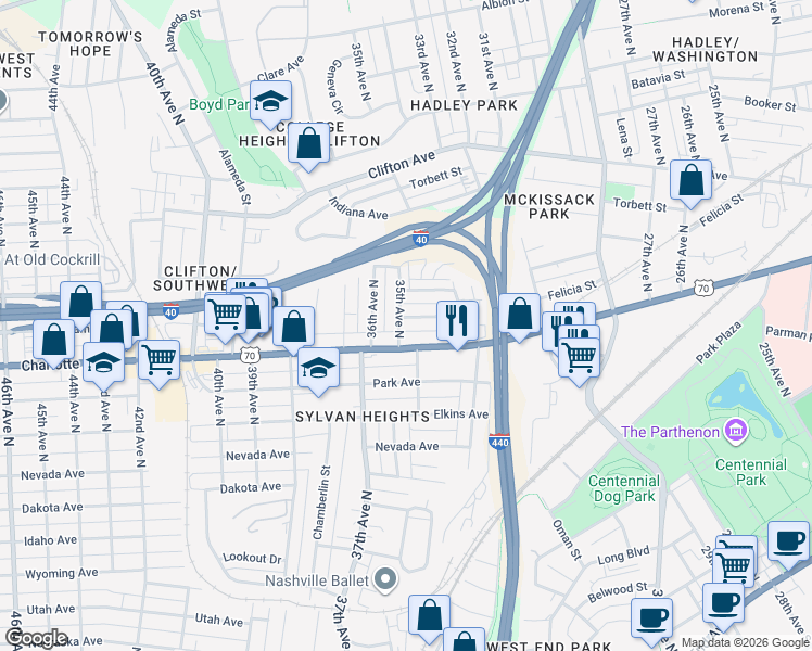 map of restaurants, bars, coffee shops, grocery stores, and more near 3320 U.S. 70 in Nashville
