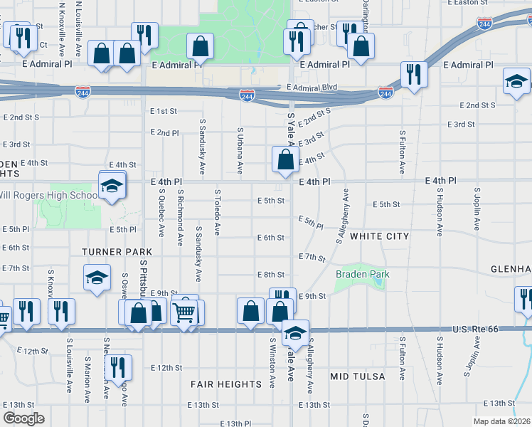 map of restaurants, bars, coffee shops, grocery stores, and more near 4719 East 5th Place in Tulsa