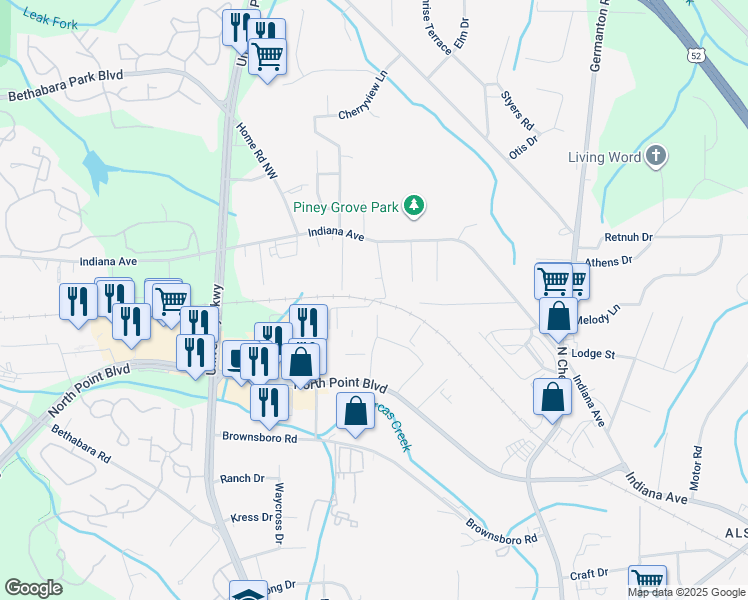 map of restaurants, bars, coffee shops, grocery stores, and more near Grove Garden Drive in Winston-Salem