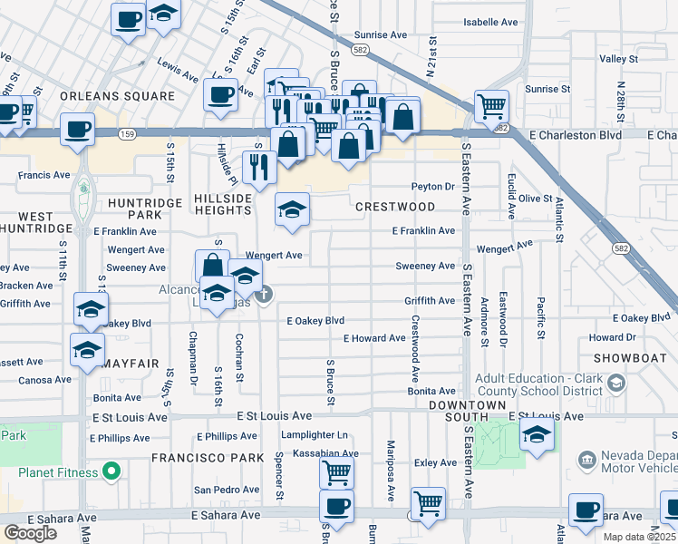 map of restaurants, bars, coffee shops, grocery stores, and more near 1800 Bracken Avenue in Las Vegas