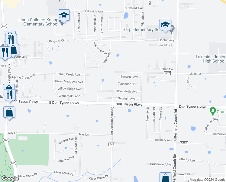 map of restaurants, bars, coffee shops, grocery stores, and more near 2712 Wyandotte Avenue in Springdale
