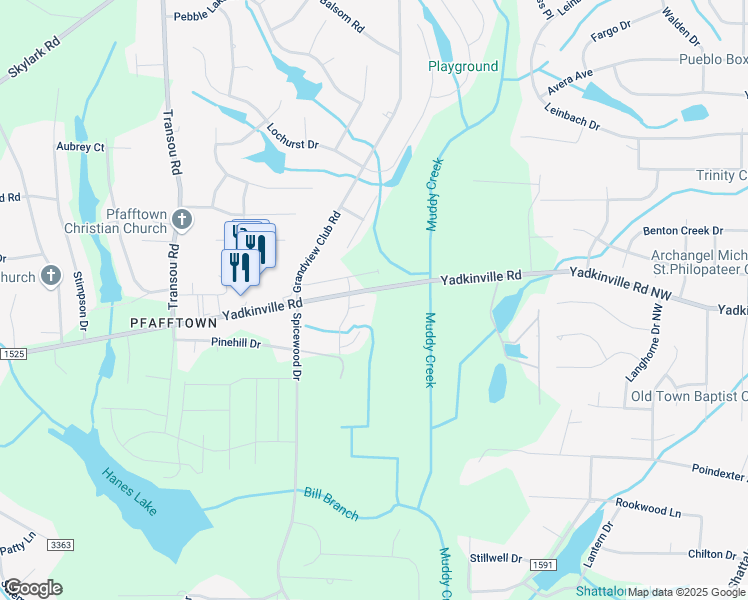 map of restaurants, bars, coffee shops, grocery stores, and more near 4338 Karley Court in Winston-Salem