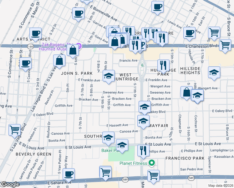 map of restaurants, bars, coffee shops, grocery stores, and more near 1020 Sweeney Avenue in Las Vegas
