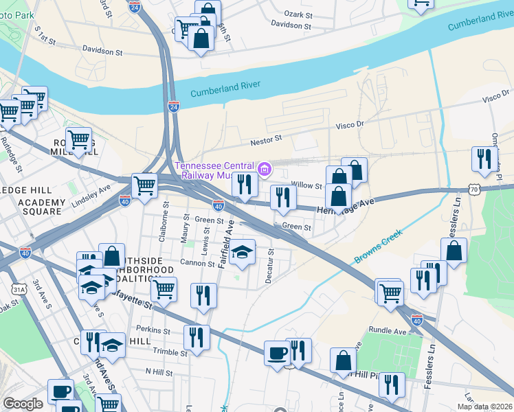 map of restaurants, bars, coffee shops, grocery stores, and more near 263 Hermitage Avenue in Nashville