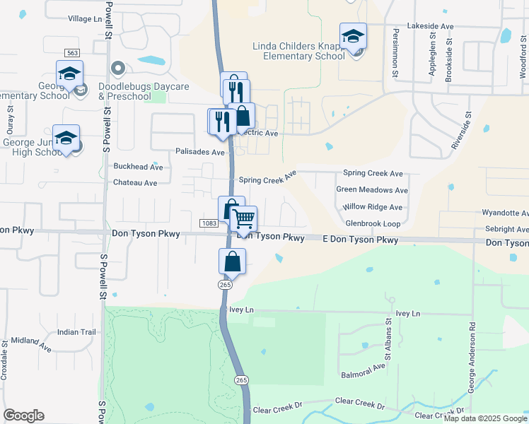 map of restaurants, bars, coffee shops, grocery stores, and more near 3479 Haywood Cove in Springdale