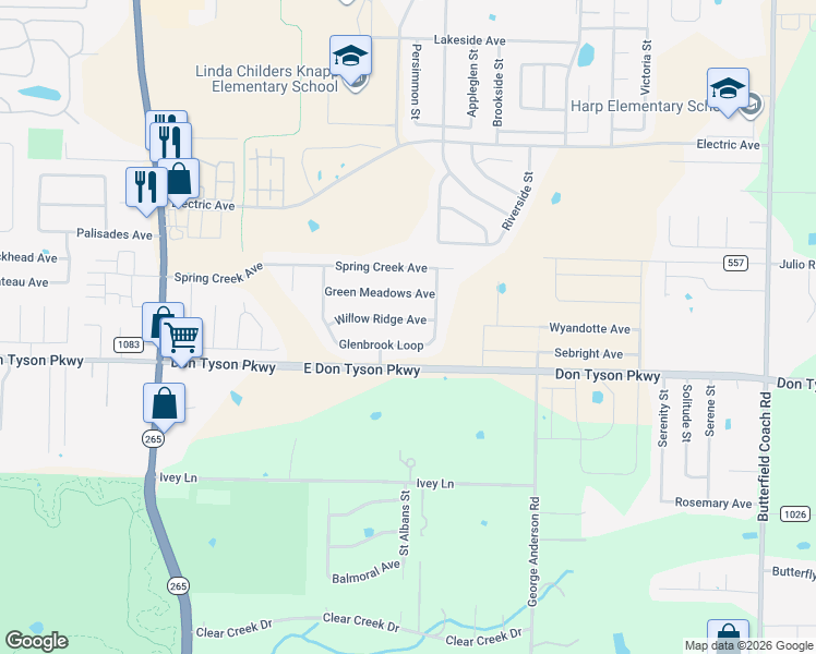 map of restaurants, bars, coffee shops, grocery stores, and more near 3725 Glenbrook Loop in Springdale